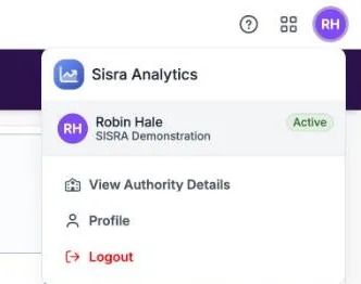 The account menu, open under the RH initials. It shows Sisra Analytics, then Robin Hale at SISRA Demonstration marked Active, then View Authority Details, Profile and Logout.