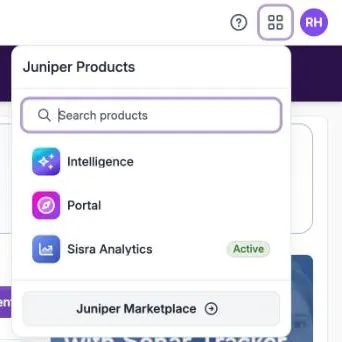 The Juniper Products list, open under the Products icon. It has a Search products box, then Intelligence, Portal and Sisra Analytics, which is marked Active, and a Juniper Marketplace button.