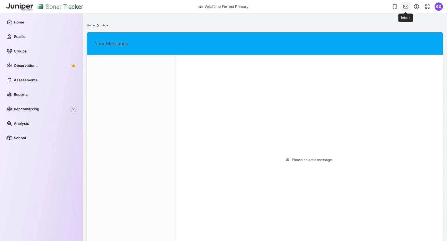 The Inbox page, headed Your Messages, with no messages yet and the text Please select a message. The Inbox label shows on the envelope icon in the top bar.