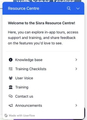 The Resource Centre panel with the message Welcome to the Sisra Resource Centre and six items: Knowledge base, Training Checklists, User Voice, Training, Contact us and Announcements.
