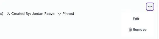 The menu of a pinned announcement, open under its ... button, with Edit and Remove.