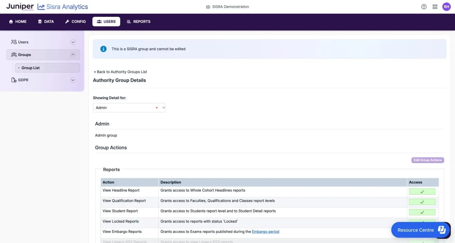 Authority Group Details for the Admin group. A notice says This is a SISRA group and cannot be edited, Edit Group Actions is greyed out, and View Headline Report, View Qualification Report and View Student Report each have a green tick under Access.