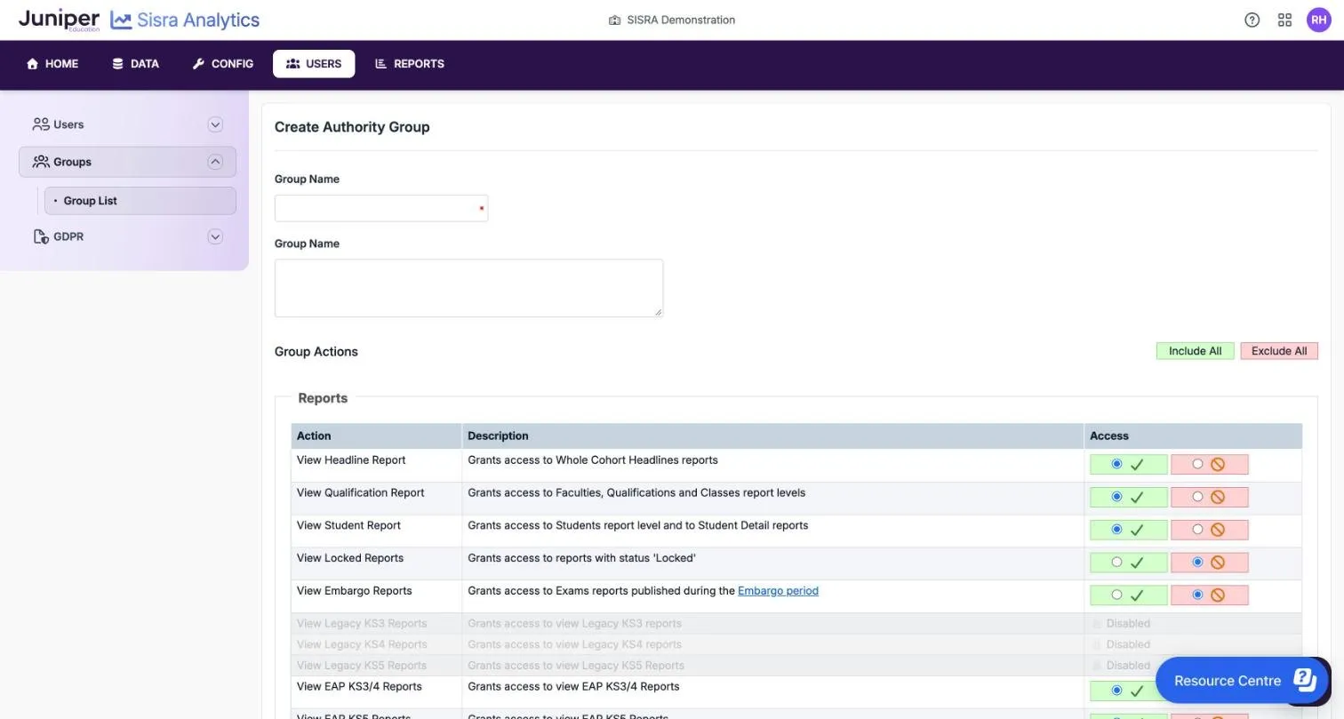 Create Authority Group, with two boxes both labelled Group Name, Include All and Exclude All buttons, and the Reports actions. View Headline Report, View Qualification Report and View Student Report are allowed, View Locked Reports and View Embargo Reports are not, the three legacy rows are Disabled, and View EAP KS3/4 Reports is allowed.