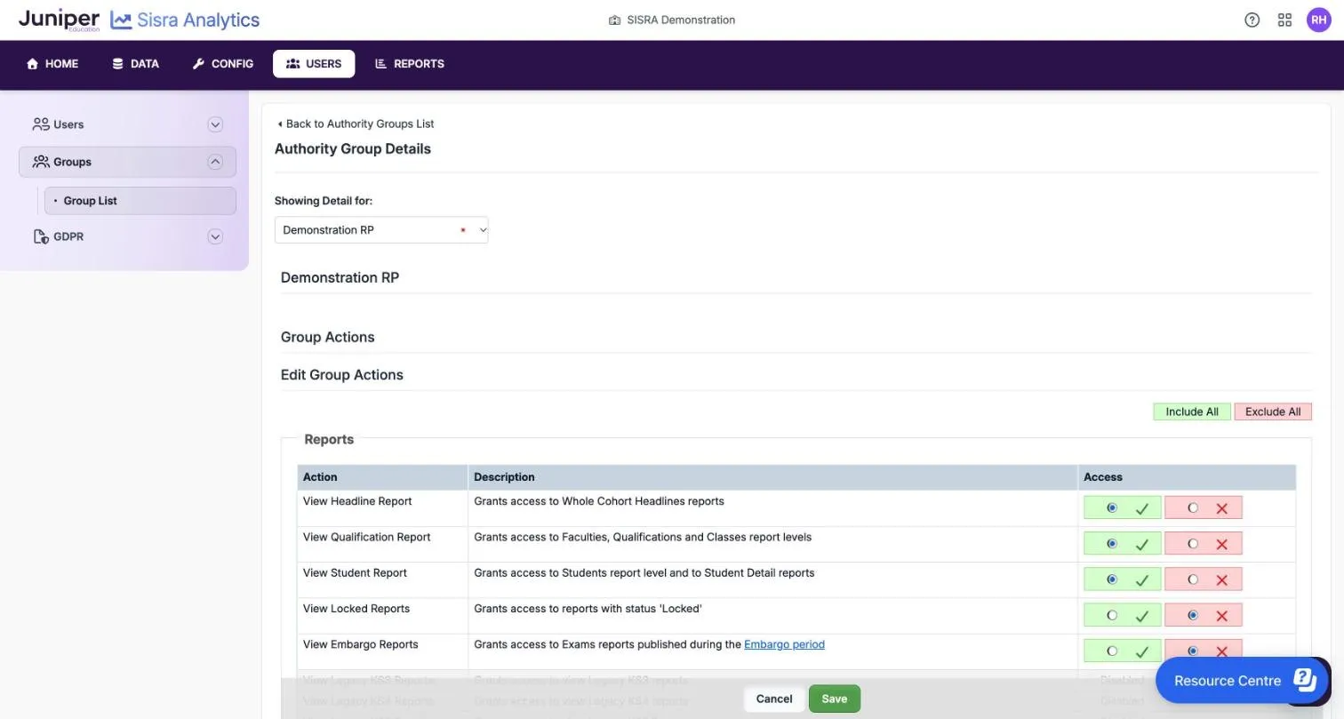 Edit Group Actions for the Demonstration RP group. Each report action has a tick and a cross to choose from, with Include All and Exclude All above the list and Cancel and Save at the bottom.