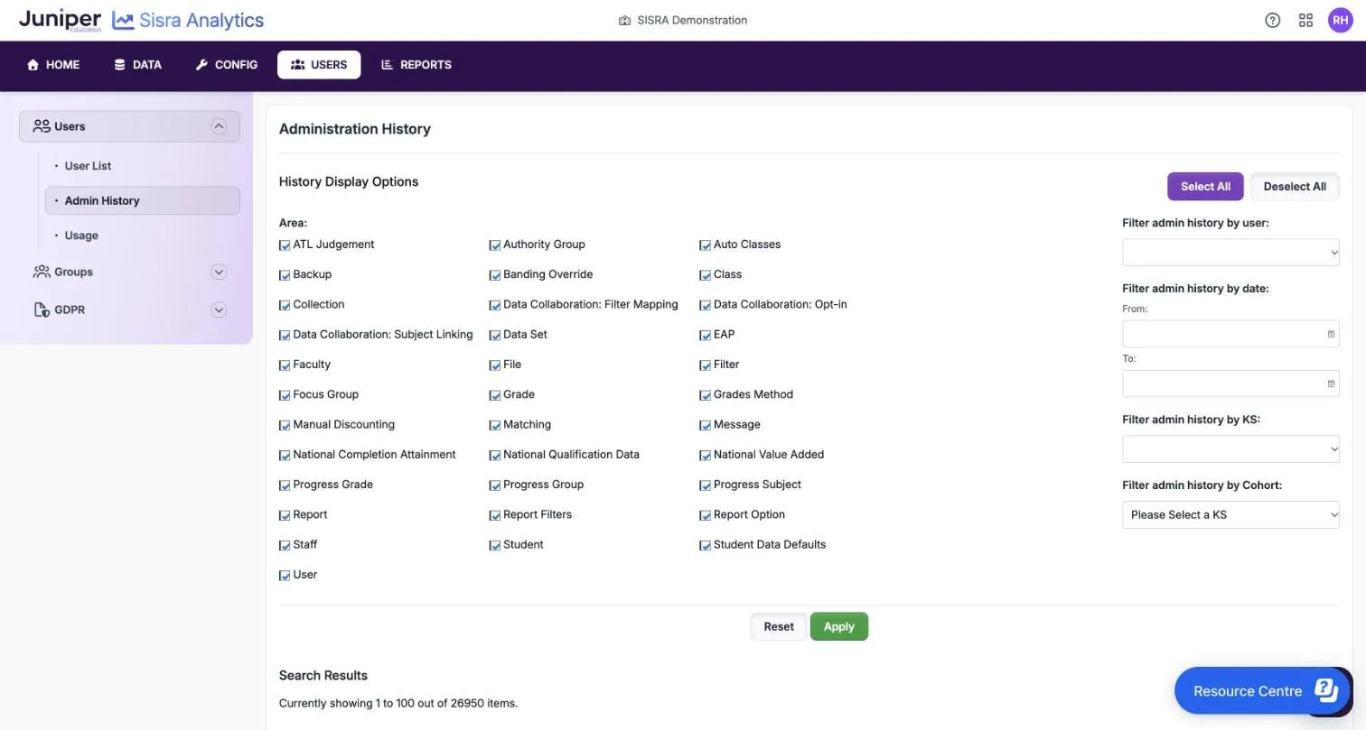 Administration History, with History Display Options showing 34 ticked Area check boxes from ATL Judgement to User, Select All and Deselect All, and filters by user, date, KS and cohort. Below are Reset and Apply, and Search Results showing 1 to 100 out of 26950 items.
