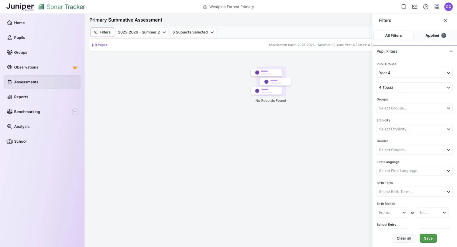 The Filters panel beside the Primary Summative Assessment page, with Year 4 and class 4 Topaz chosen under Pupil Groups, and Clear all and Save at the bottom. Behind it, the page shows 0 Pupils and No Records Found.
