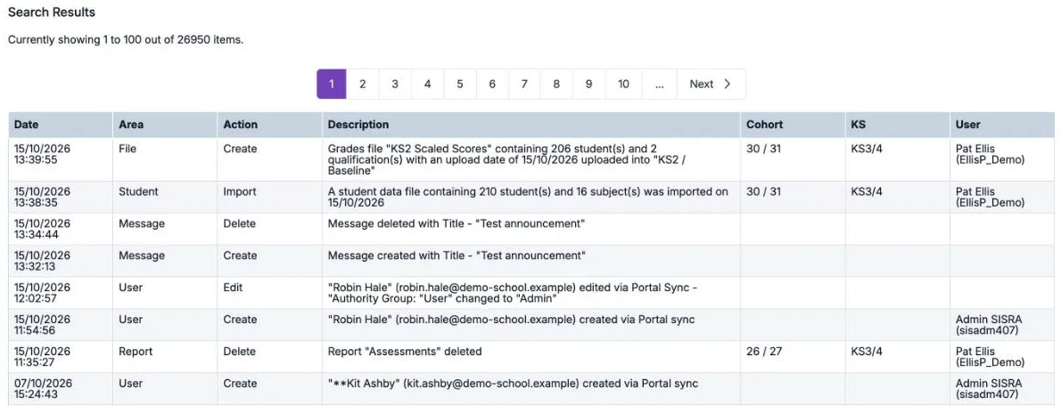 Search Results with eight rows, from 15/10/2026 13:39:55 back to 07/10/2026 15:24:43. They include a KS2 / Baseline grades file of 206 students, an import of 210 students for cohort 30 / 31, a test announcement created and deleted, a deleted report, and accounts created and edited via Portal sync.