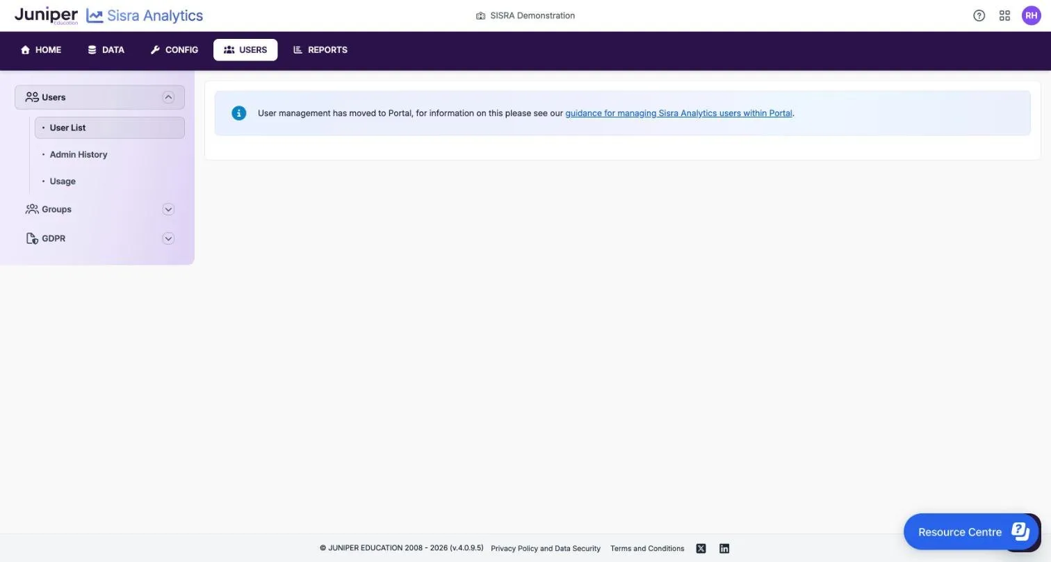 The User List page in USERS. The page shows only a blue notice: User management has moved to Portal, with a link to guidance for managing Sisra Analytics users within Portal.