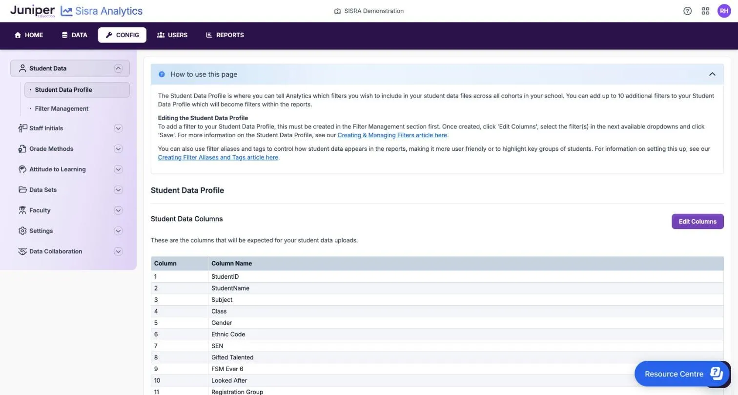The Student Data Profile page in CONFIG, with its help panel open and the first 11 of 20 student data columns: StudentID, StudentName, Subject, Class, Gender, Ethnic Code, SEN, Gifted Talented, FSM Ever 6, Looked After and Registration Group.