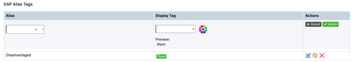 The inline row for a new alias tag: an alias drop-down, a Display Tag box with a colour wheel, Preview showing Blank, and Cancel and Submit buttons. Below it is the existing green Disad tag.
