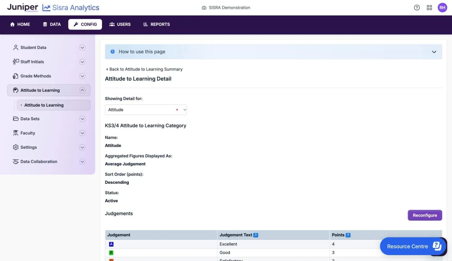 Attitude to Learning Detail for the KS3/4 Attitude category: Name Attitude, Aggregated Figures Displayed As Average Judgement, Sort Order (points) Descending and Status Active, with a Reconfigure button. The Judgements table lists A Excellent 4, B Good 3 and C Satisfactory 2.