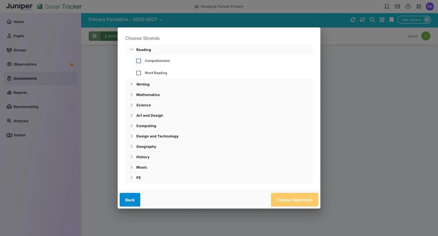 The Choose Strands box on Primary Formative. Reading is open, showing Comprehension and Word Reading with tick boxes. Writing, Mathematics, Science and the foundation subjects are listed below.