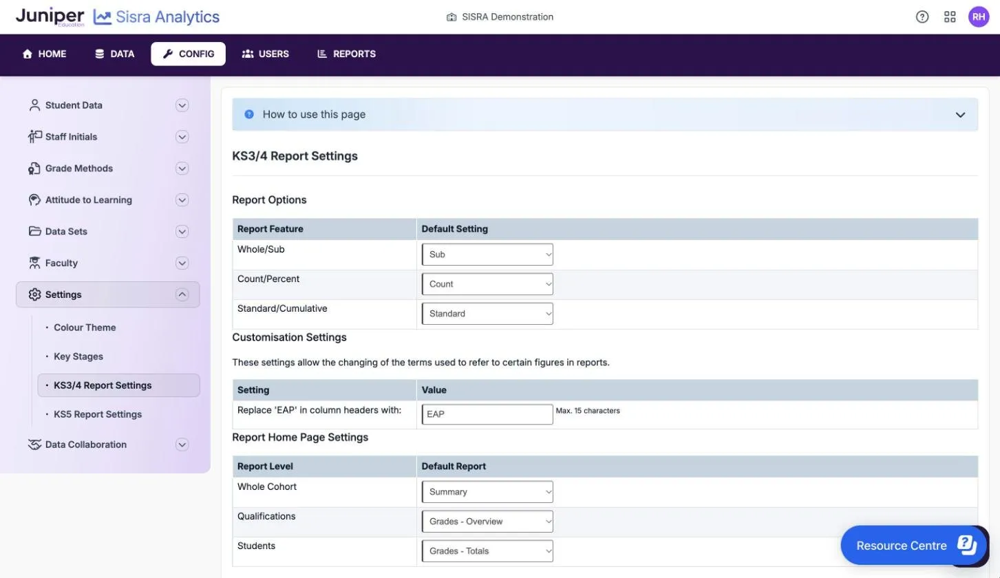 KS3/4 Report Settings. Report Options: Whole/Sub set to Sub, Count/Percent to Count and Standard/Cumulative to Standard. Customisation Settings: Replace 'EAP' in column headers with EAP, max. 15 characters. Report Home Page Settings: Whole Cohort Summary, Qualifications Grades - Overview, Students Grades - Totals.