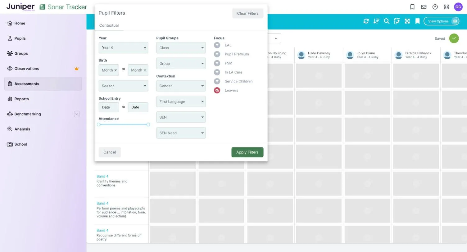 An older screen, Primary Formative, with its teal bar of icon buttons and the Pupil Filters box open. The box has Year, Birth, Season, School Entry and Attendance filters, Pupil Groups and Contextual lists, Focus options, and Cancel and Apply Filters buttons.