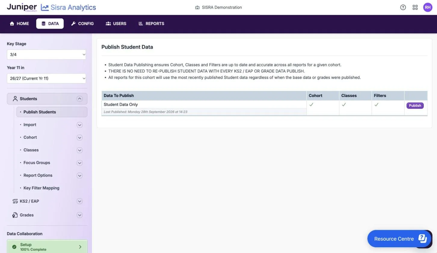 The Publish Student Data page for the 26/27 cohort. The Data To Publish table has one row, Student Data Only, with ticks under Cohort, Classes and Filters, a Publish button, and Last Published: Monday 28th September 2026 at 14:23.