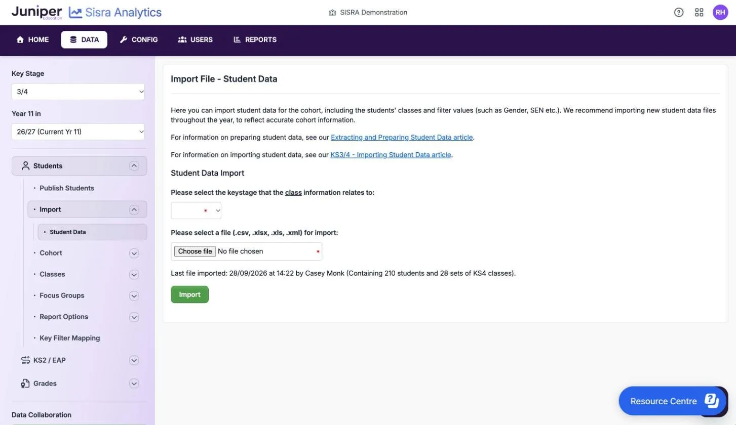 Import File - Student Data for the 26/27 KS3/4 cohort, with a box for the key stage of the classes, a file picker and an Import button. The last import, on 28/09/2026, held 210 students and 28 sets of KS4 classes.