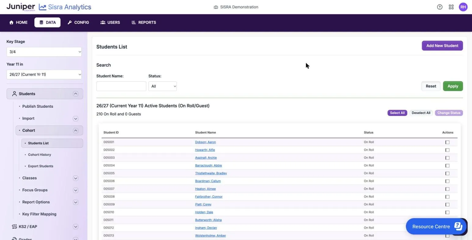 The Students List for the 26/27 cohort, with an Add New Student button and a search by Student Name and Status, with Reset and Apply. Under Active Students (On Roll/Guest) it says 210 On Roll and 0 Guests, with Select All, Deselect All and a greyed-out Change Status button. The columns are Student ID, Student Name, Status and Actions.