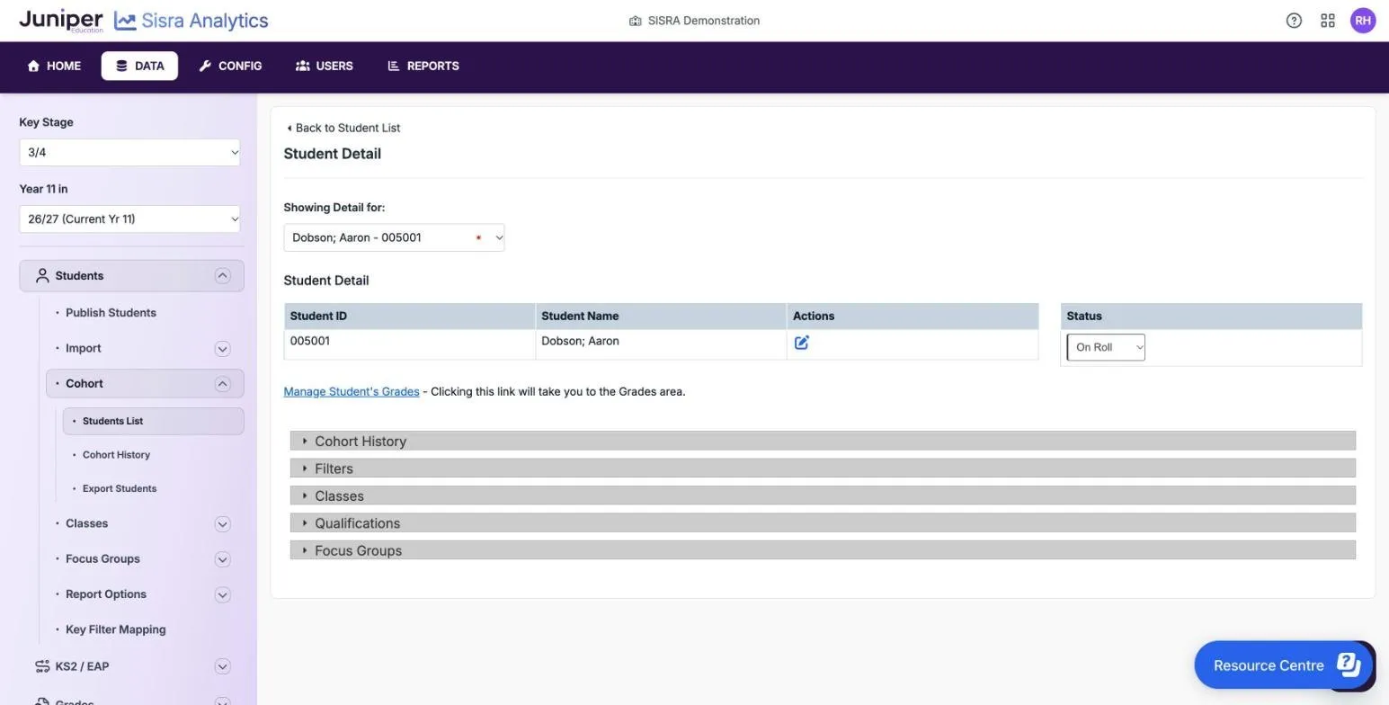 Student Detail for student 005001 in the 26/27 cohort, with Student ID, Student Name, a pencil under Actions and a Status drop-down set to On Roll. Below are the Manage Student's Grades link and five closed sections: Cohort History, Filters, Classes, Qualifications and Focus Groups.