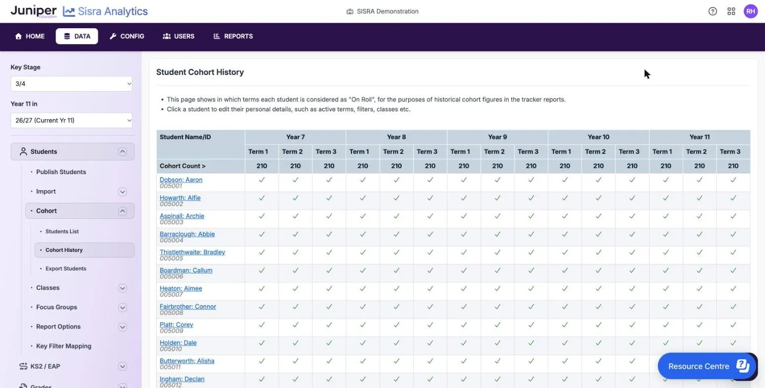 Student Cohort History for the 26/27 cohort, with notes on what the page shows. A grid of years 7 to 11, terms 1 to 3, has a tick for every pupil in every term, and the Cohort Count row shows 210 in each of the 15 terms.