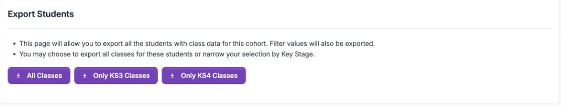 The Export Students page with two notes and three buttons: All Classes, Only KS3 Classes and Only KS4 Classes.