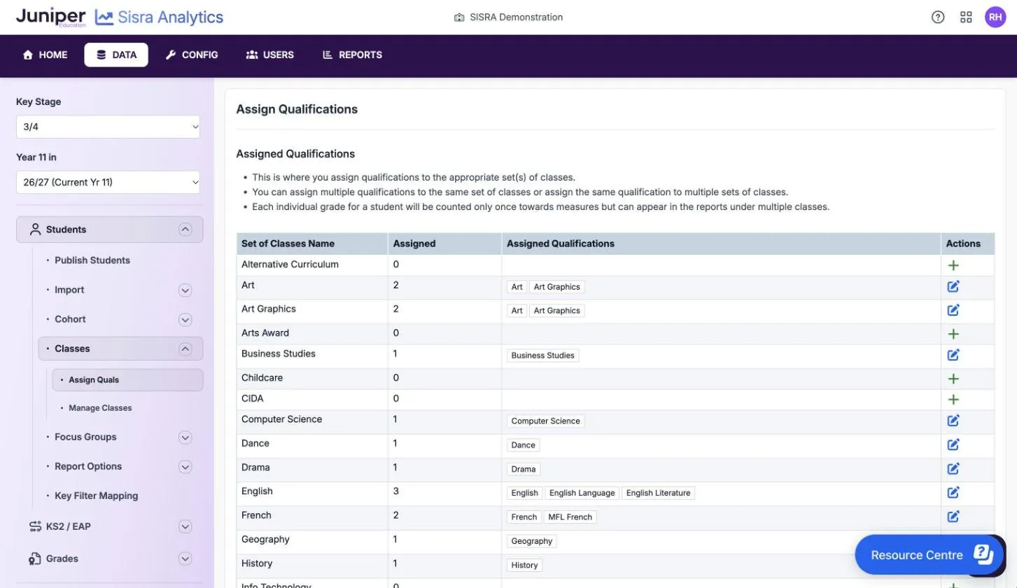 Assign Qualifications for the 26/27 cohort, with three notes and a table of sets of classes. Art and Art Graphics each have Art and Art Graphics assigned, English has English, English Language and English Literature, and sets such as Arts Award and Childcare have none, with a green plus in Actions.