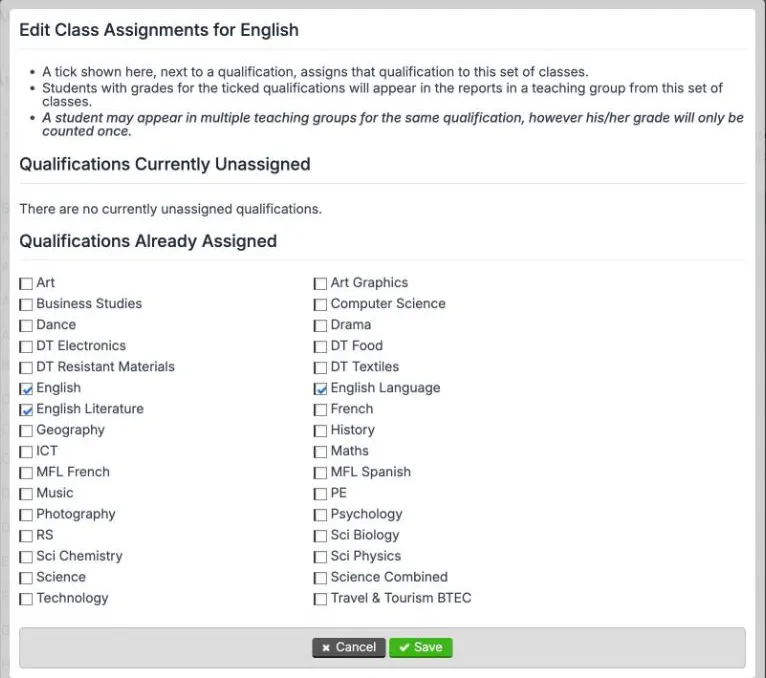 Edit Class Assignments for English. Qualifications Currently Unassigned says there are none. Under Qualifications Already Assigned, English, English Language and English Literature are ticked among 32 qualifications. Cancel and Save are at the bottom.