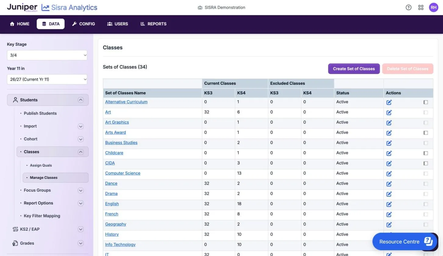 Classes for the 26/27 cohort: Sets of Classes (34), with Create Set of Classes and a greyed-out Delete Set of Classes. Each set shows its current and excluded classes for KS3 and KS4, such as English with 32 KS3 and 18 KS4 classes, its Status Active, and a pencil and tick box.