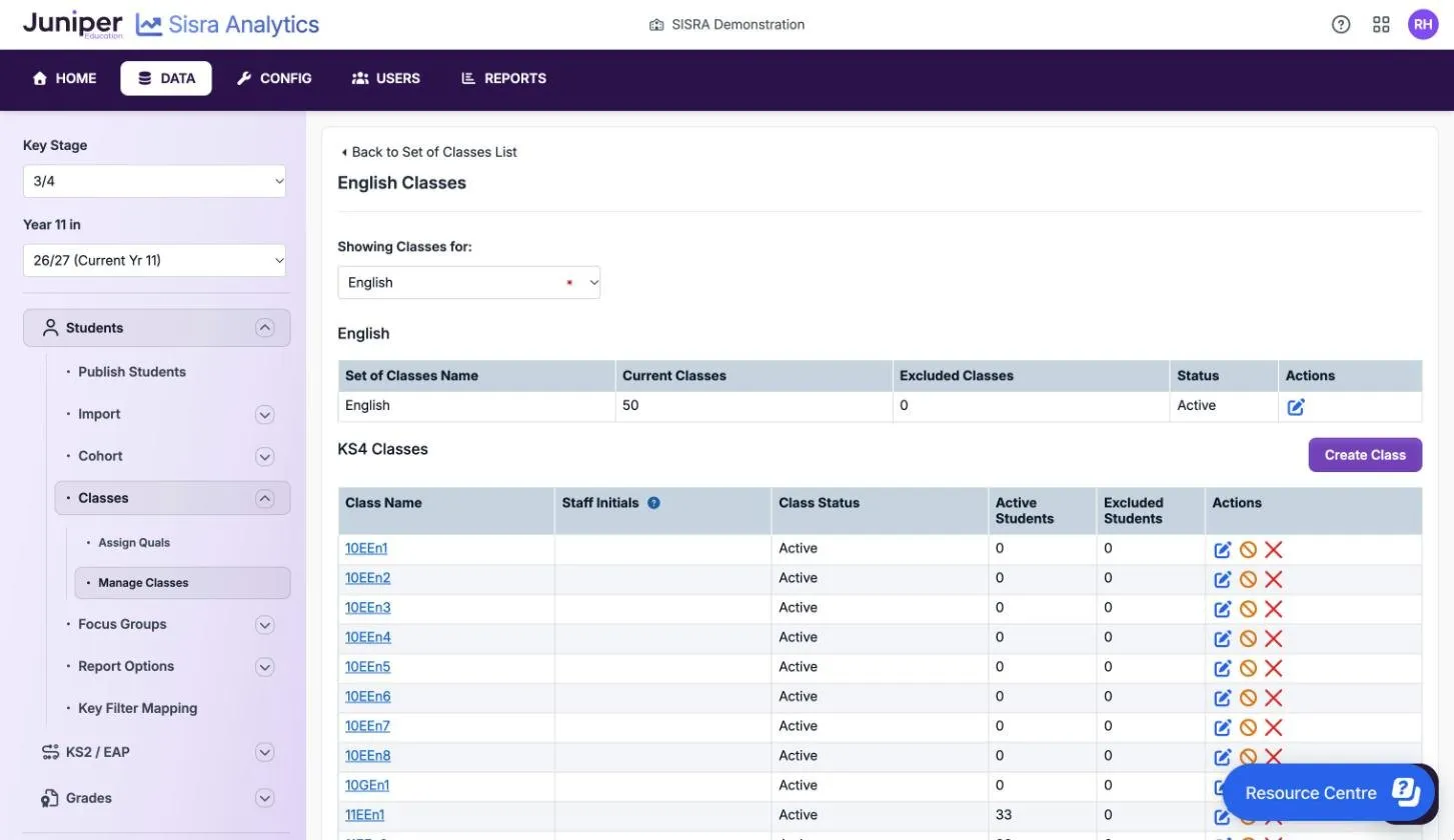 English Classes: the English set has 50 current classes and 0 excluded. The KS4 Classes table, with a Create Class button, lists classes such as 10EEn1 to 10EEn8 with 0 Active Students and 11EEn1 with 33, each Active, with edit, exclude and delete icons.