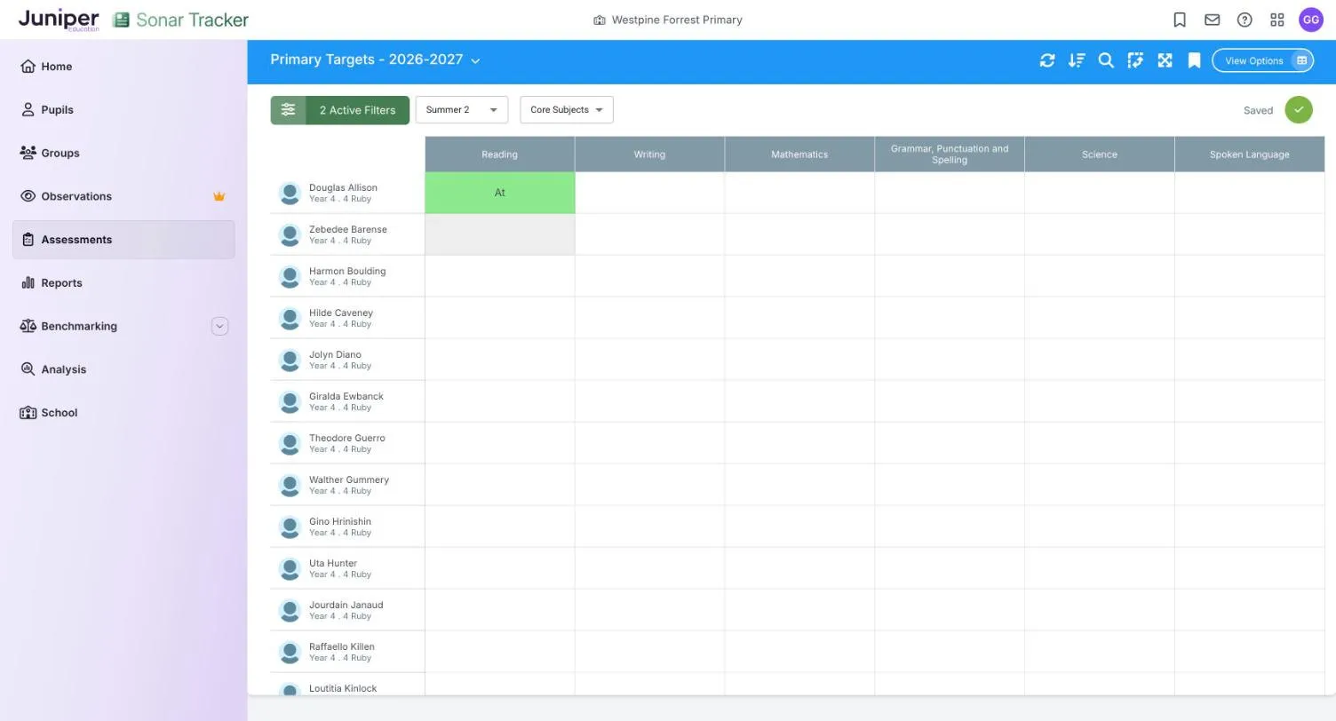 Primary Targets for a year 4 class, with Summer 2 and Core Subjects chosen. One pupil has a reading target of At, shown in green, and the Saved tick shows.