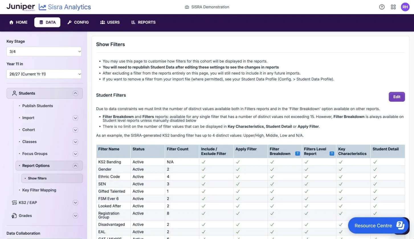 Show Filters for the 26/27 cohort, with four notes, an Edit button and notes on the 15-value limit. The Student Filters table lists filters such as KS2 Banding, Gender, Ethnic Code, SEN and Registration Group, each Active with its Filter Count, such as 8 for Registration Group, and a tick in all six columns from Include / Exclude Filter to Student Detail.
