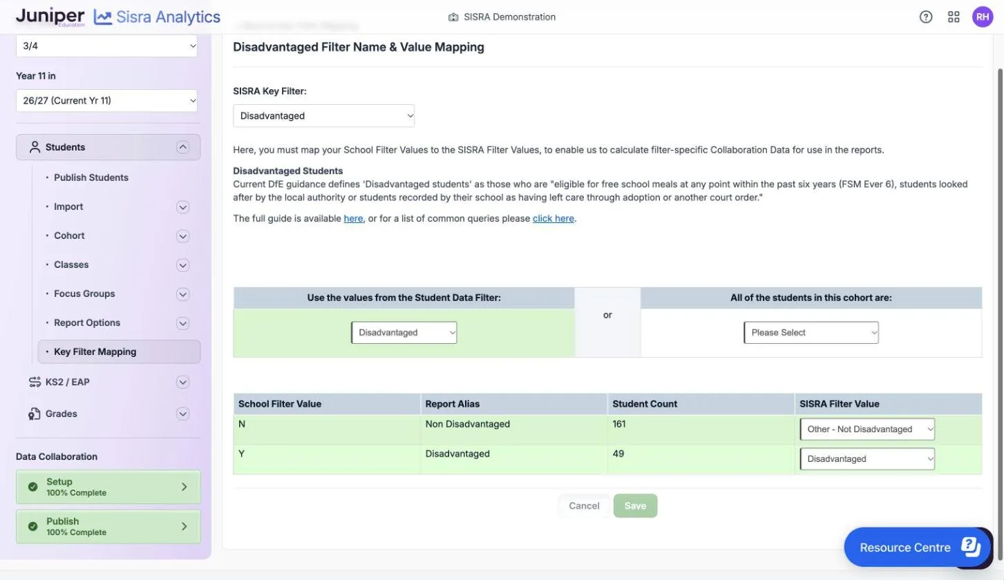 Disadvantaged Filter Name & Value Mapping, with the DfE's definition of disadvantaged students. Use the values from the Student Data Filter is set to Disadvantaged, and All of the students in this cohort are is left at Please Select. School value N, alias Non Disadvantaged, Student Count 161, maps to Other - Not Disadvantaged. Y, alias Disadvantaged, Student Count 49, maps to Disadvantaged. Cancel and a greyed-out Save are at the bottom.