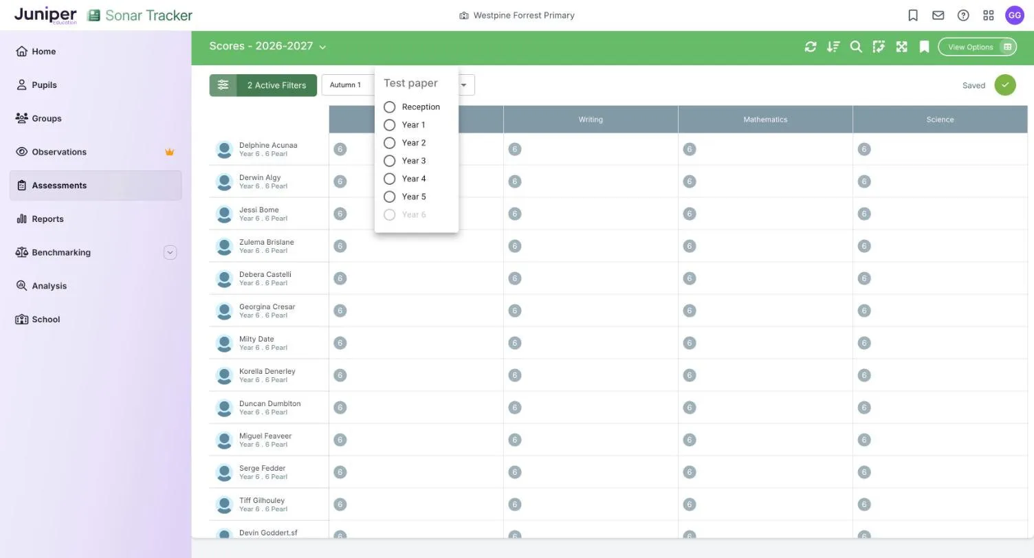 The Test paper list open over the grid, offering Reception and Year 1 to Year 5, with Year 6 greyed out.