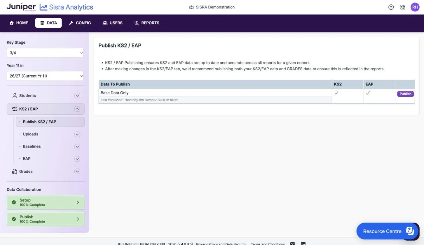 The Publish KS2 / EAP page for the 26/27 cohort. The Data To Publish table has one row, Base Data Only, with ticks under KS2 and EAP, a Publish button, and Last Published: Thursday 9th October 2025 at 10:36.