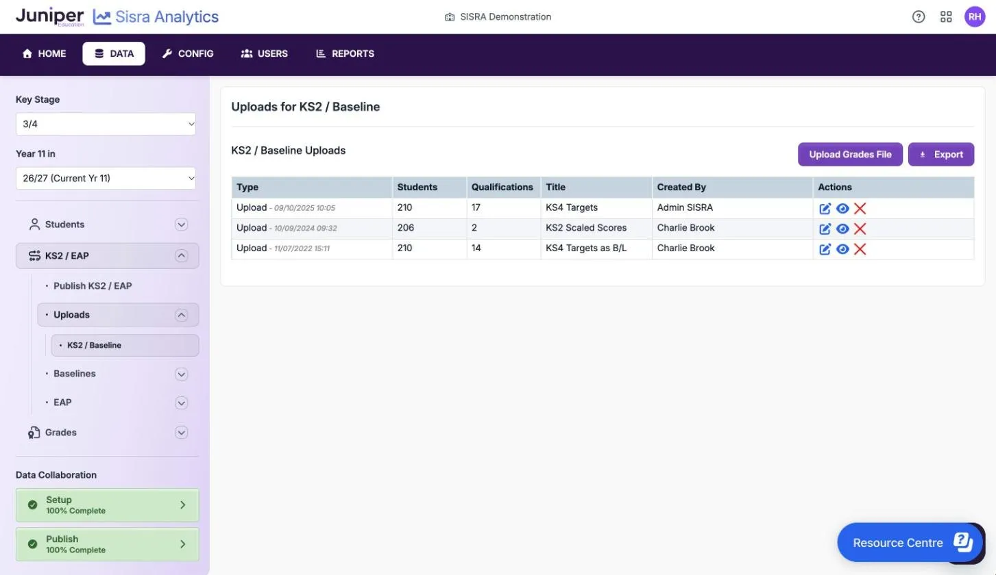 Uploads for KS2 / Baseline for the 26/27 cohort, listing three files: KS4 Targets, covering 210 pupils and 17 qualifications; KS2 Scaled Scores, covering 206 pupils and 2 qualifications; and KS4 Targets as B/L, covering 210 pupils and 14 qualifications. Each row has an edit icon, a preview icon and a red cross.