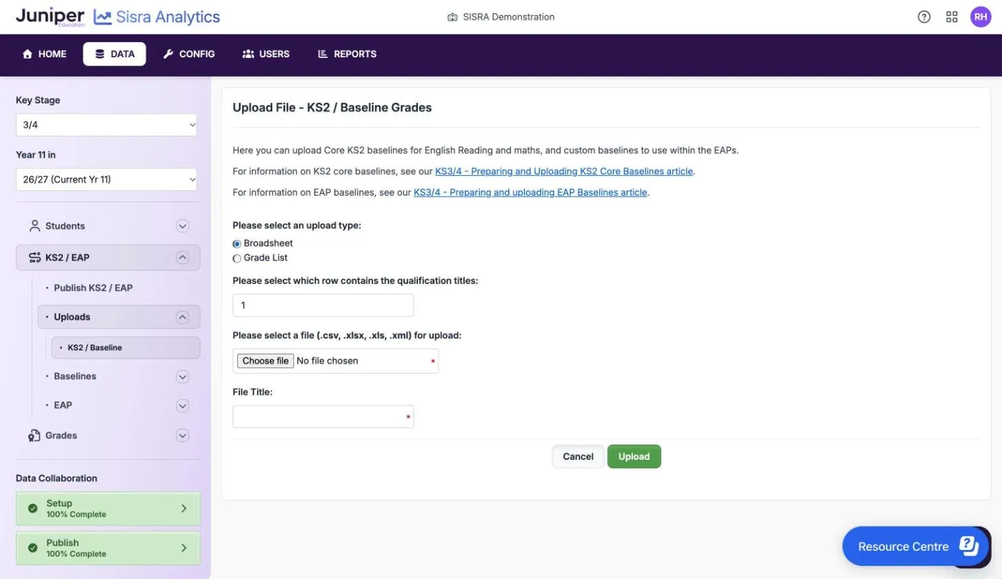 The Upload File - KS2 / Baseline Grades page for the 26/27 cohort. Broadsheet is selected as the upload type, the qualification titles row is 1, no file is chosen and File Title is empty, with Cancel and Upload buttons.