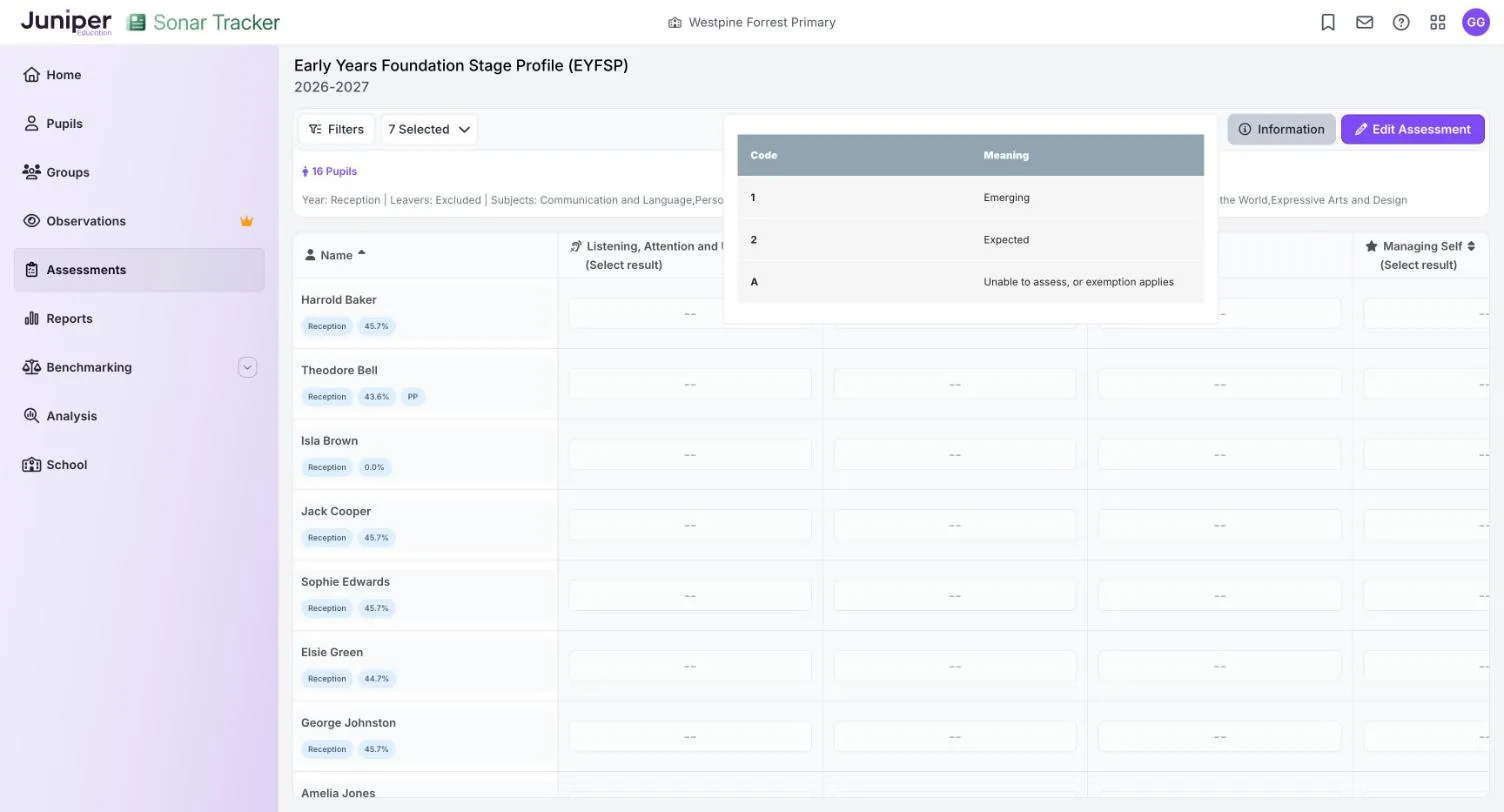 The Information panel on the EYFSP page, listing code 1 Emerging, 2 Expected and A Unable to assess, or exemption applies.