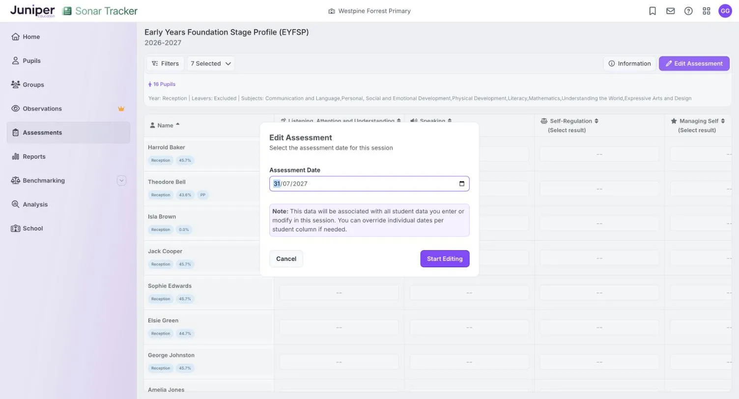 The Edit Assessment box, with an Assessment Date field, a note that the date applies to everything entered in this session, and Cancel and Start Editing buttons.
