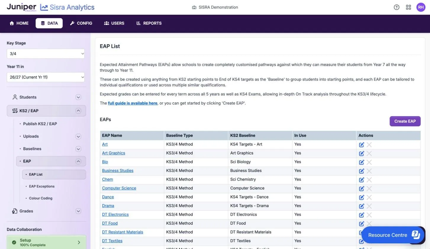 The EAP List for the 26/27 cohort, with a Create EAP button. EAPs such as Art, Bio and Chem have the baseline type KS3/4 Method and KS2 Baselines such as KS4 Targets - Art and Sci Biology. Every EAP is In Use, with a pencil and a greyed-out cross under Actions.