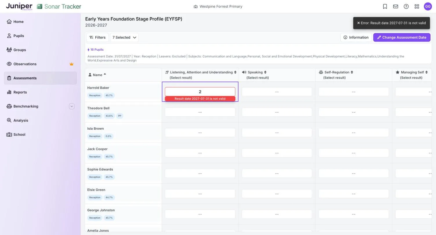 The EYFS profile grid with a result of 2 entered for one child, a red label reading Result date 2027-07-31 is not valid, and an error message at the top.
