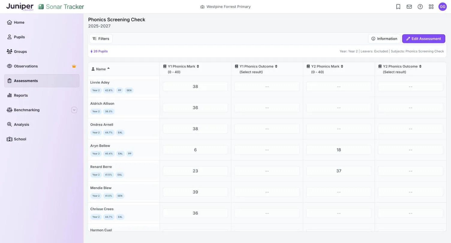 The Phonics Screening Check page for Year 2, covering 2025-2027, with columns for the Y1 and Y2 phonics marks and outcomes. Marks such as 38 and 36 are filled in, but the outcome cells are empty.