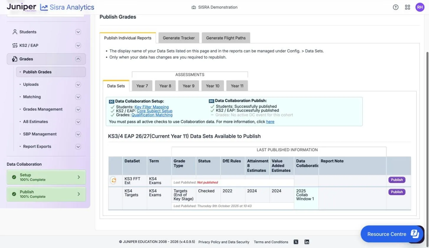 The Publish Grades page for the 26/27 cohort, with a Data Sets tab and Year 7 to Year 11 tabs under Assessments. KS3 FFT Est has an orange refresh icon and has not been published. KS4 Targets is Checked, with DfE Rules 2022, Attainment 8 and Value Added Estimates 2024, Data Collaboration 2025 Collab Window 1, last published Thursday 9th October 2025 at 10:43.