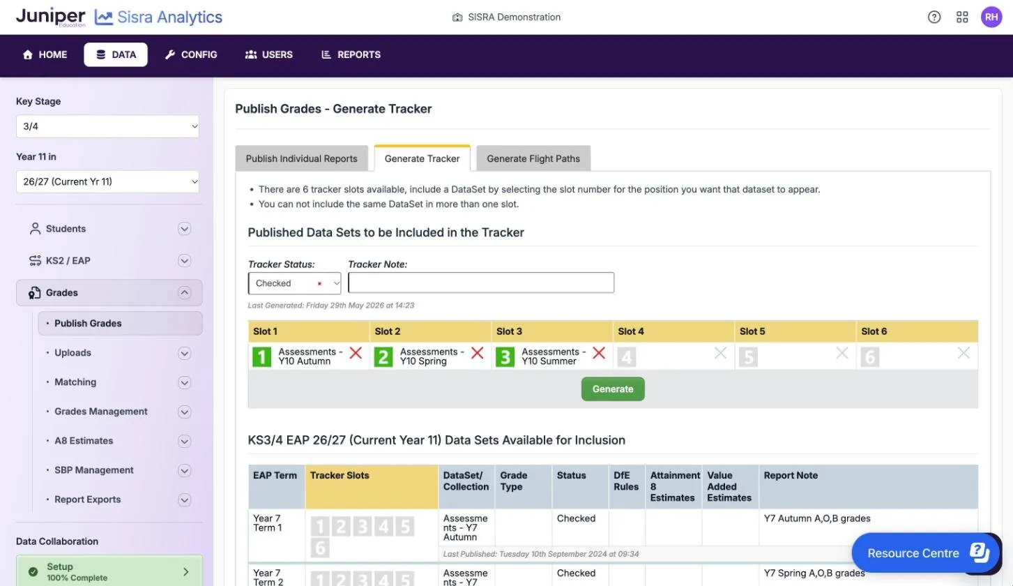 The Generate Tracker tab for the 26/27 cohort. Tracker Status is Checked and Tracker Note is empty. Slots 1 to 3 hold Assessments - Y10 Autumn, Y10 Spring and Y10 Summer, and slots 4 to 6 are empty. Last Generated: Friday 29th May 2026 at 14:23. Below, the Data Sets Available for Inclusion table has numbered Tracker Slots buttons for each collection.