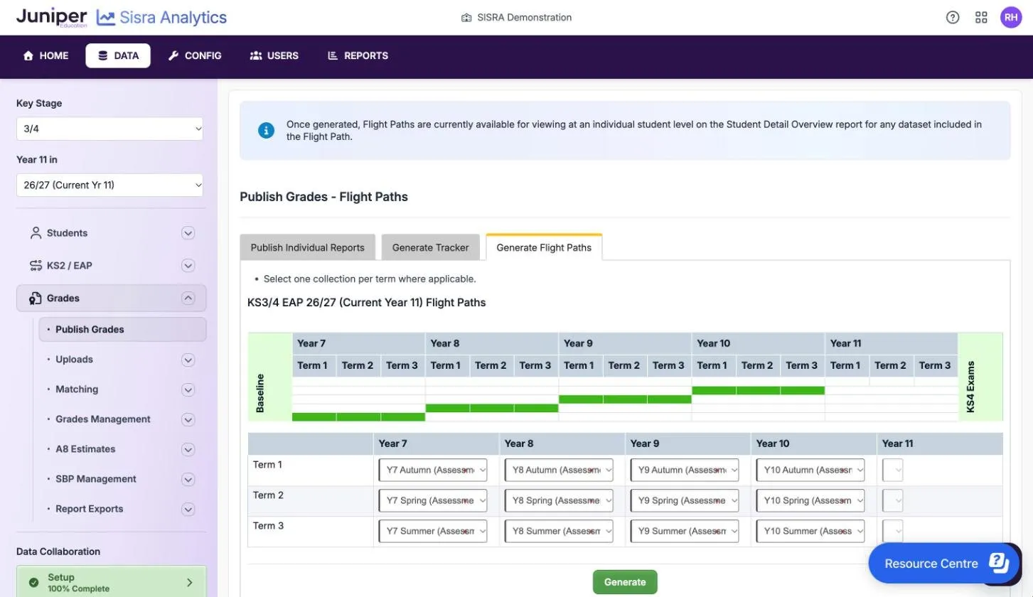 The Generate Flight Paths tab for the 26/27 cohort. A grid of Year 7 to Year 11 terms between Baseline and KS4 Exams shows green bars for the terms chosen. Below, each term from Year 7 to Year 10 has an assessment collection chosen, such as Y7 Autumn (Assessments), and the Year 11 lists are empty.
