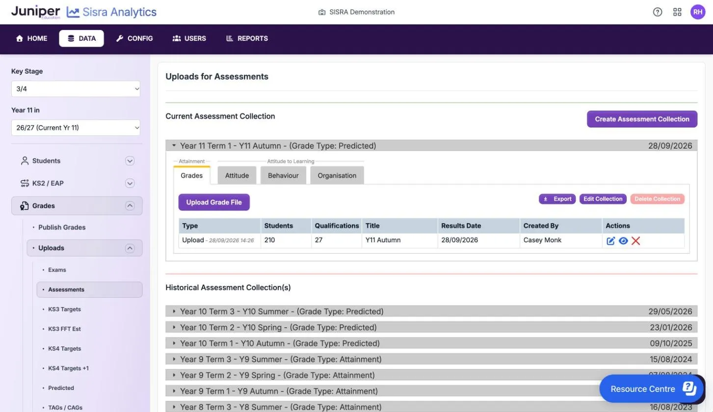 Uploads for Assessments in the 26/27 KS3/4 cohort. The current collection reads Year 11 Term 1 - Y11 Autumn - (Grade Type: Predicted), with Edit Collection. Older collections include Year 10 Term 3 - Y10 Summer - (Grade Type: Predicted) and Year 9 Term 3 - Y9 Summer - (Grade Type: Attainment).