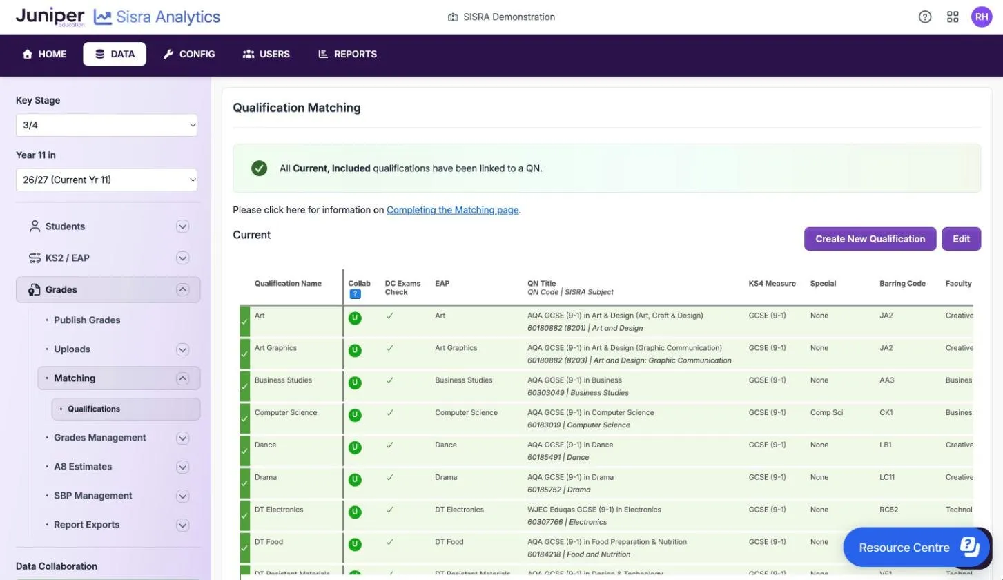 Qualification Matching for the 26/27 KS3/4 cohort. A green banner says all current, included qualifications have been linked to a QN. Each row, such as Art, Business Studies and Computer Science, has an EAP, a QN title, GCSE (9-1) under KS4 Measure, a barring code and a faculty, with a green edge and a tick.