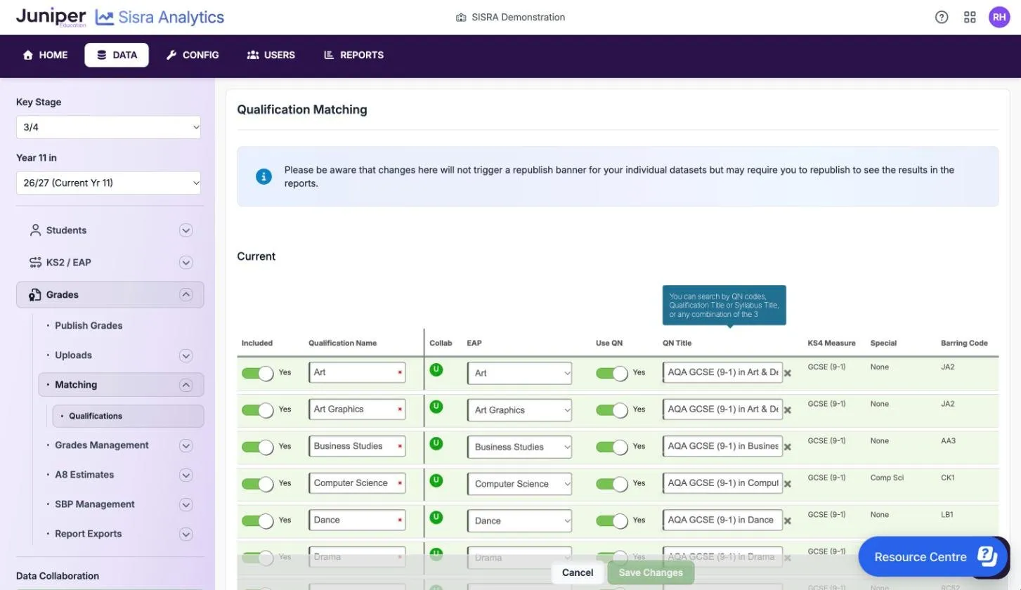 Qualification Matching in edit mode. A blue message says changes will not trigger a republish banner. Each row has an Included switch set to Yes, a Qualification Name box, an EAP list, a Use QN switch set to Yes and a QN Title search box, with a tooltip saying you can search by QN codes, qualification title or syllabus title. Cancel and Save Changes buttons sit at the bottom.