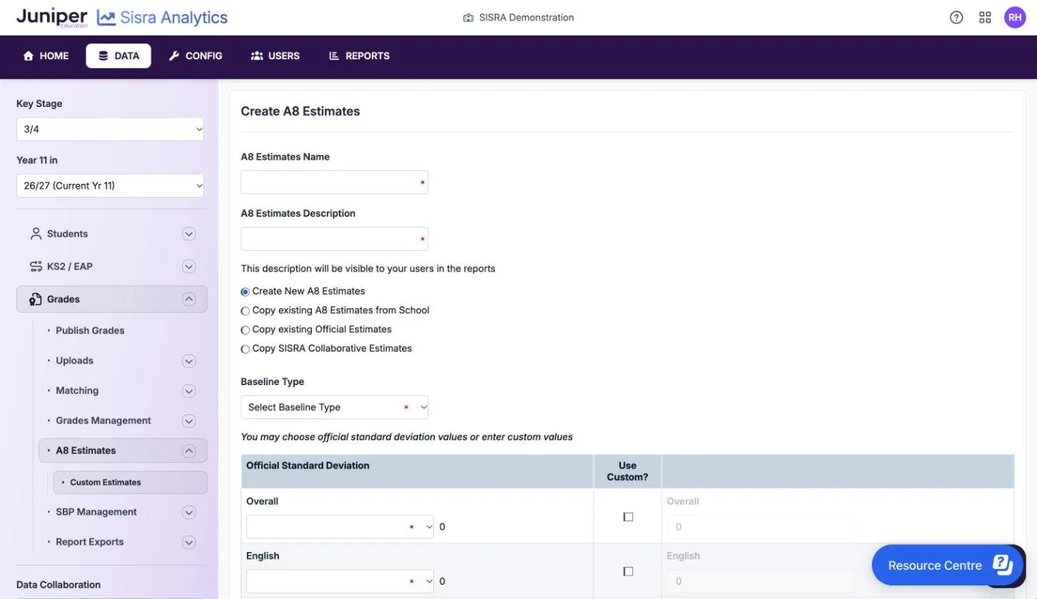 The Create A8 Estimates form with empty A8 Estimates Name and A8 Estimates Description boxes, and a note that the description will be visible to users in the reports. Create New A8 Estimates is selected from four options. Baseline Type reads Select Baseline Type, and a table offers an Official Standard Deviation list and a Use Custom? box for Overall and English.