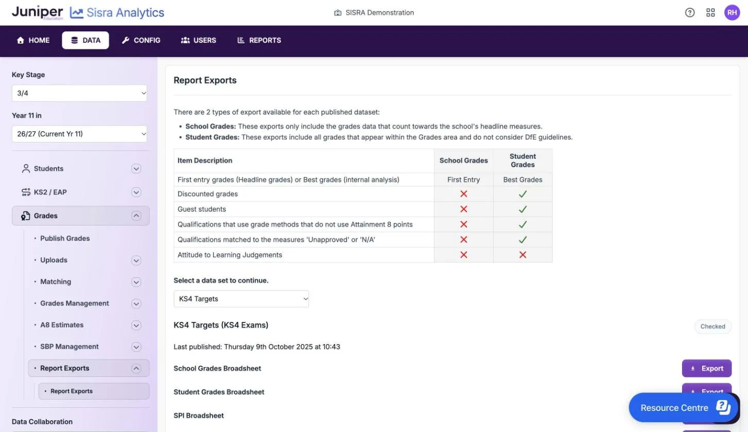 The Report Exports page for the 26/27 cohort. A table compares School Grades and Student Grades. KS4 Targets is chosen: it is Checked, last published Thursday 9th October 2025 at 10:43, with Export buttons for School Grades Broadsheet, Student Grades Broadsheet and SPI Broadsheet.