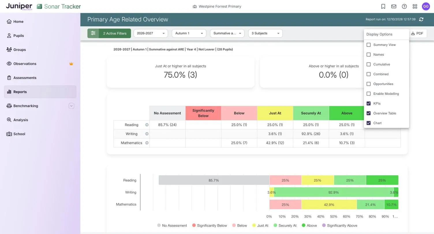 Primary Age Related Overview for year 4 at autumn 1, with the Display Options list open. Summary View, Names, Cumulative, Combined, Opportunities and Enable Modelling are unticked. KPIs, Overview Table and Chart are ticked.