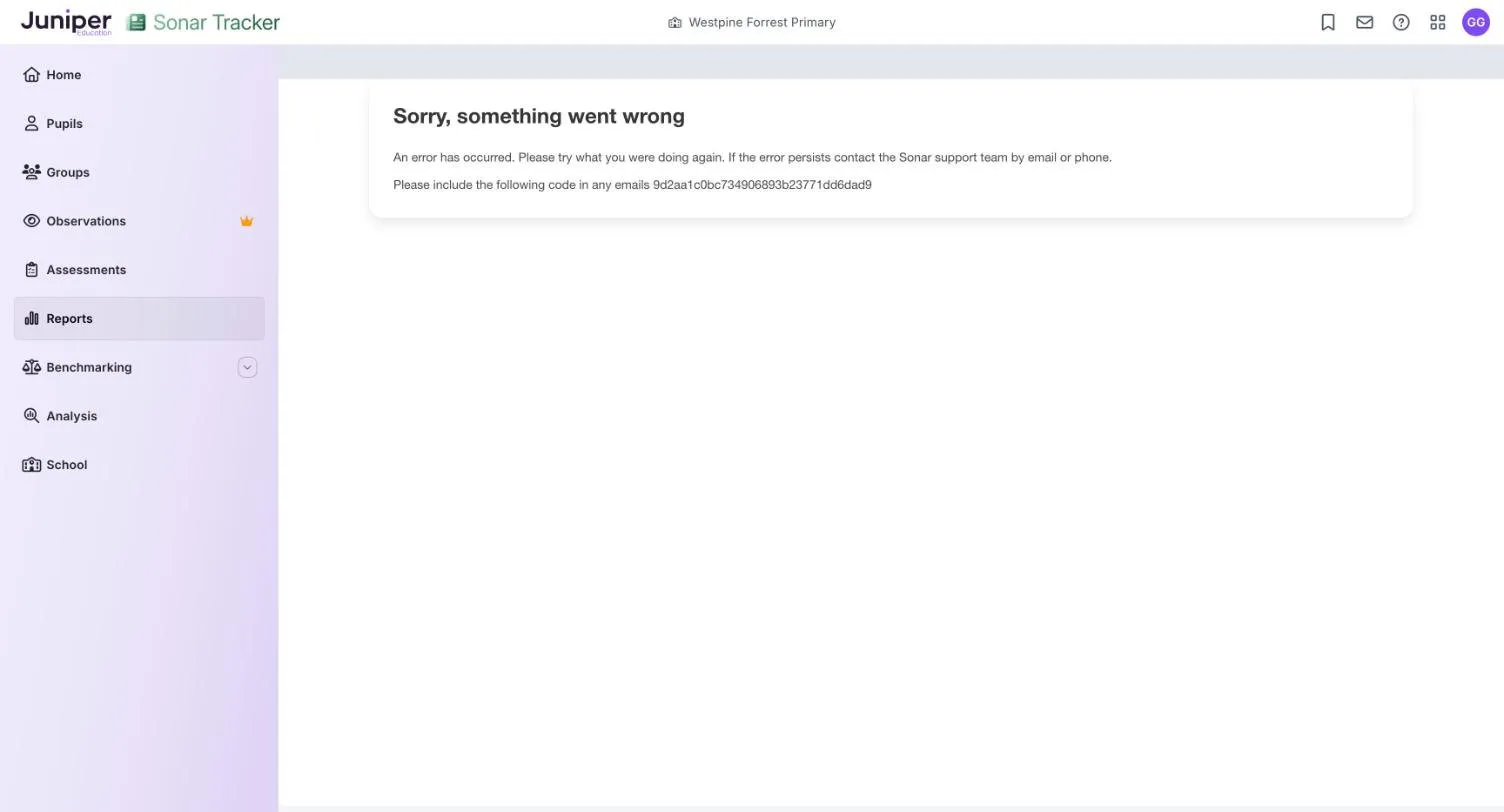 The Sonar error page, headed Sorry, something went wrong, with a long code to include in any email to support.